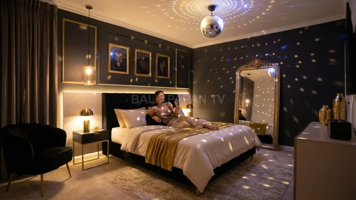Kamar luxury gold disco memadukan lampu disko, warna emas, cermin dekoratif, dan pencahayaan hangat elegan. (BTV/AI)