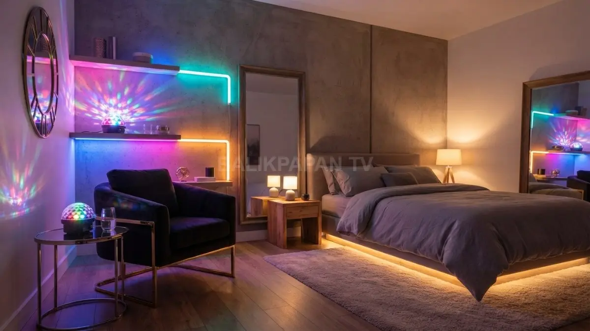 Kamar multifungsi menghadirkan mini private party lounge dengan lampu RGB, bola disko, dan pencahayaan lembut. (BTV/AI)