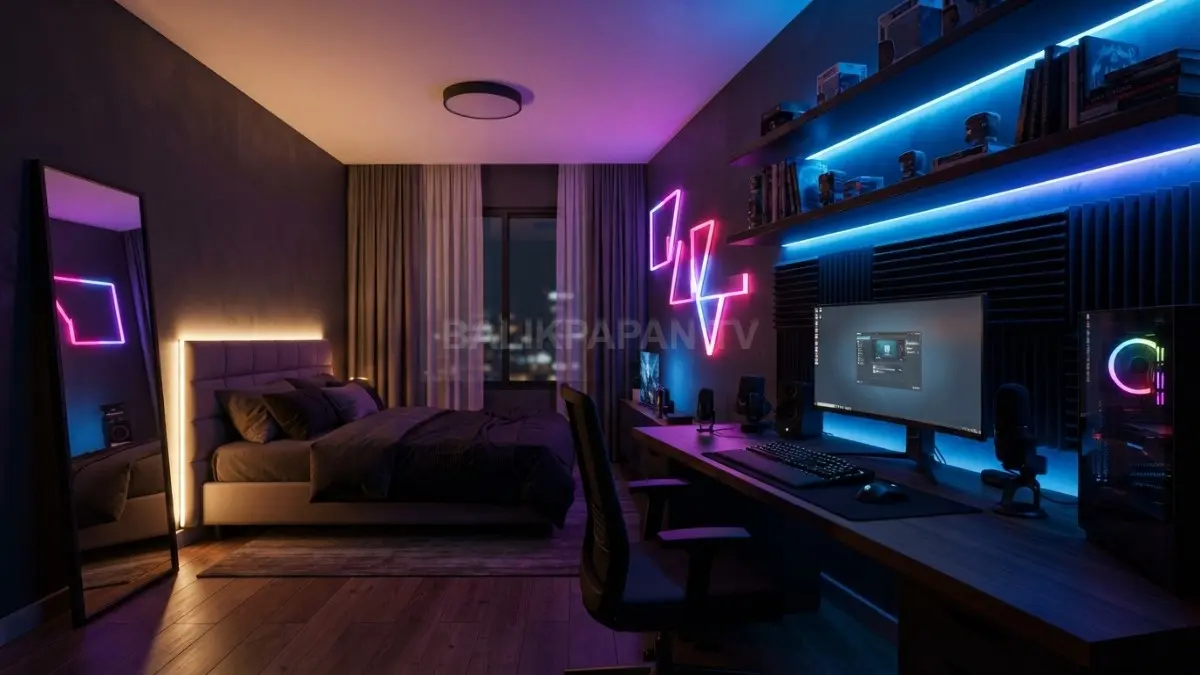 Kamar neon club memadukan LED RGB, pencahayaan aksen, dan warna biru ungu untuk atmosfer pesta mewah. (BTV/AI)