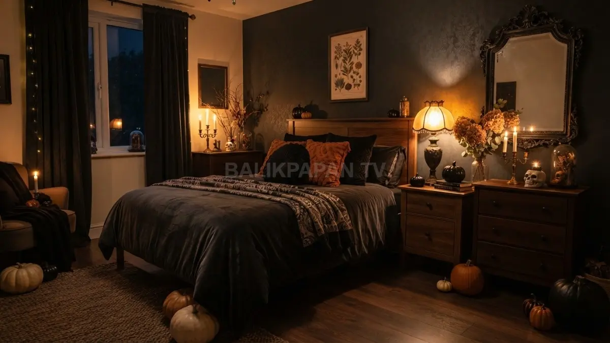 Kamar tidur bernuansa gothic menghadirkan dekorasi Halloween melalui warna gelap, tekstil klasik, cermin, dan ornamen. (BTV/AI)