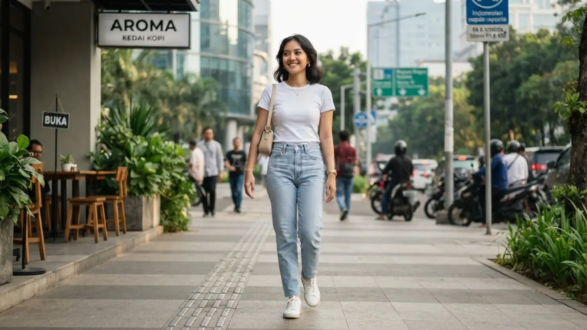 Kaus basic dan straight jeans menciptakan outfit santai, simpel, nyaman, serta mudah dipadukan dengan berbagai aksesori (BTV/AI).
