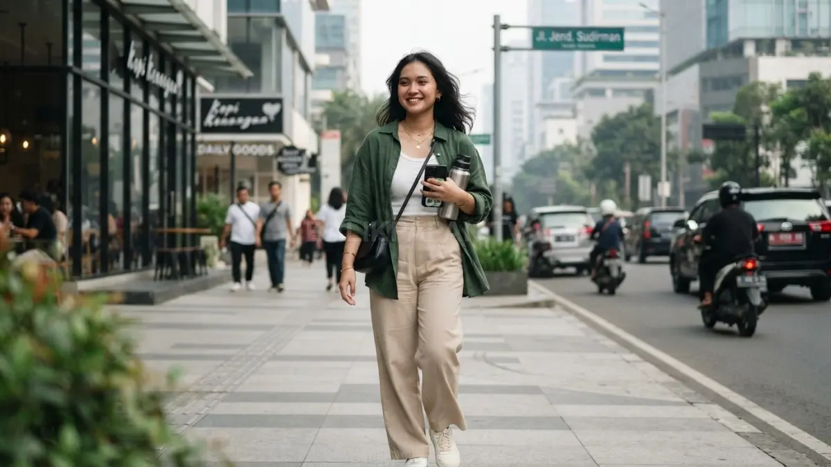Kemeja oversized dengan celana wide-leg menciptakan gaya hangout santai, nyaman, dan tetap stylish untuk aktivitas seharian (BTV/AI).
