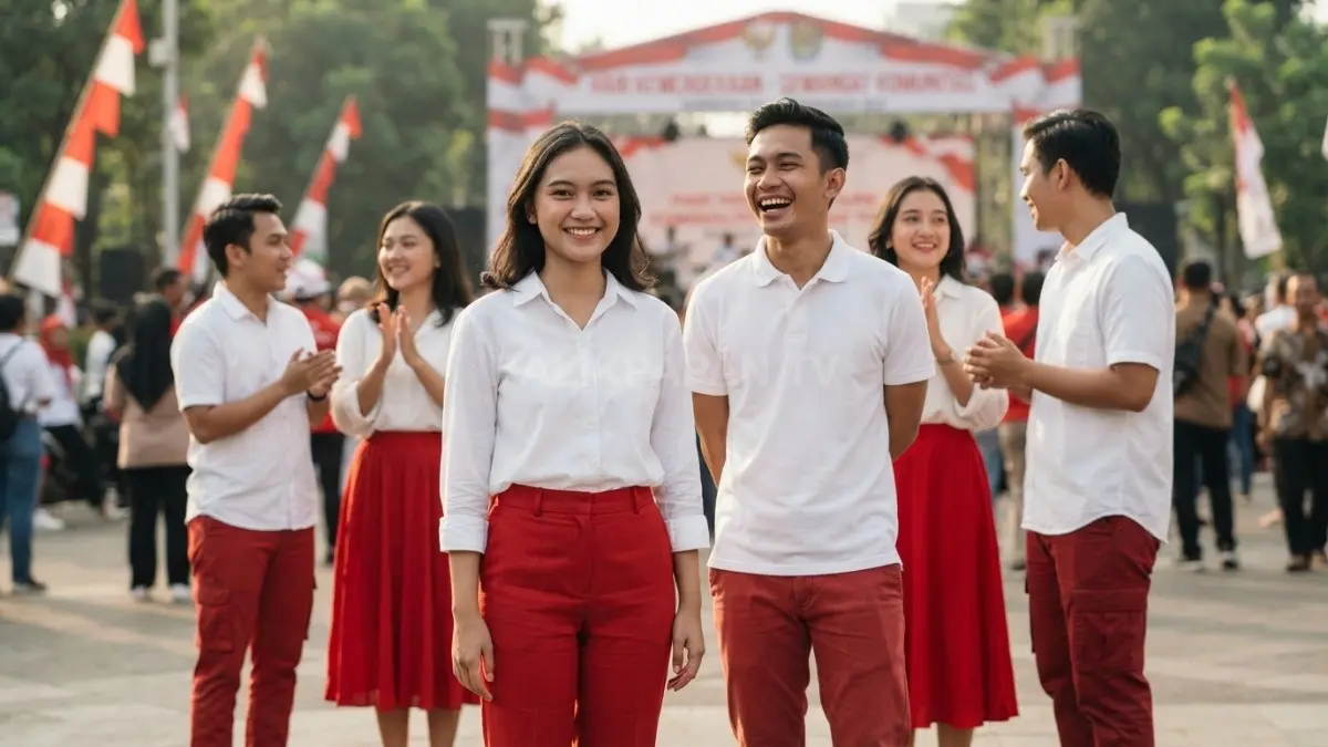 Kemeja putih dipadukan bawahan merah menciptakan tampilan kontras, sederhana, dan bernuansa kemerdekaan untuk berbagai kegiatan. (BTV/AI)