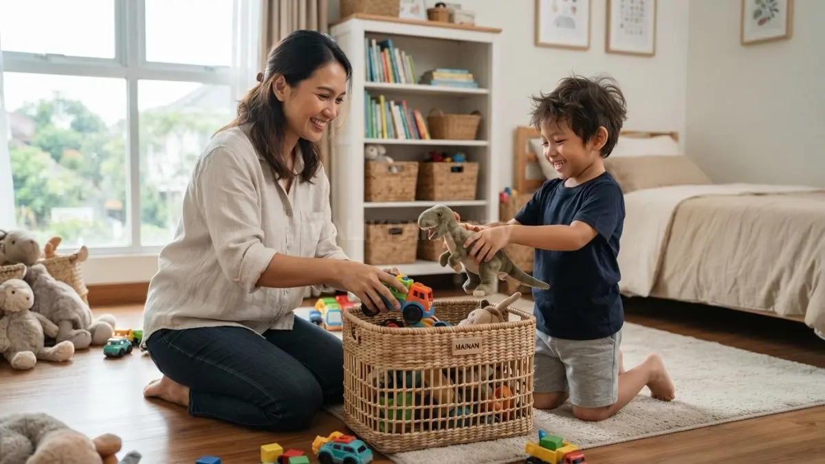 Keranjang ringan membantu menyimpan mainan yang sering dipakai, mudah dipindahkan, aman, sekaligus mempercantik kamar anak. (BTV/AI)