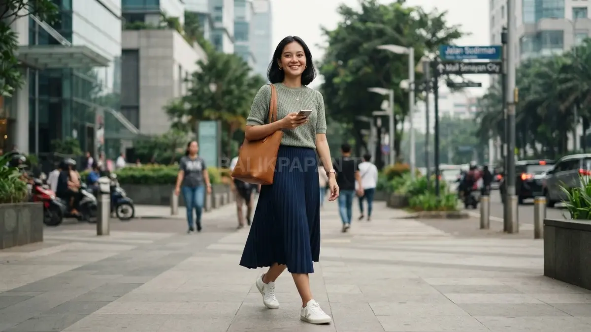 Knit top dan rok midi menciptakan gaya feminin, rapi, nyaman, dan tetap santai untuk hangout di kafe (BTV/AI).
