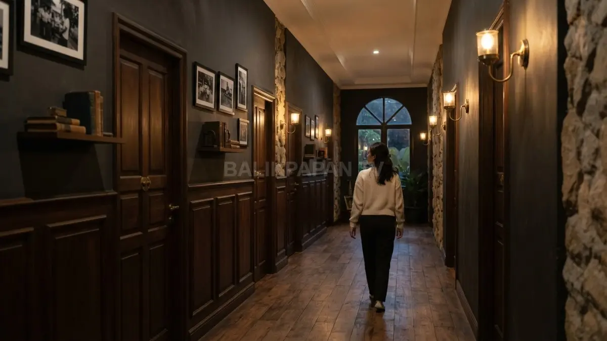 Koridor bergaya sekolah malam menghadirkan lantai klasik, panel dinding, lampu hangat, serta atmosfer akademi tua. (BTV/AI)