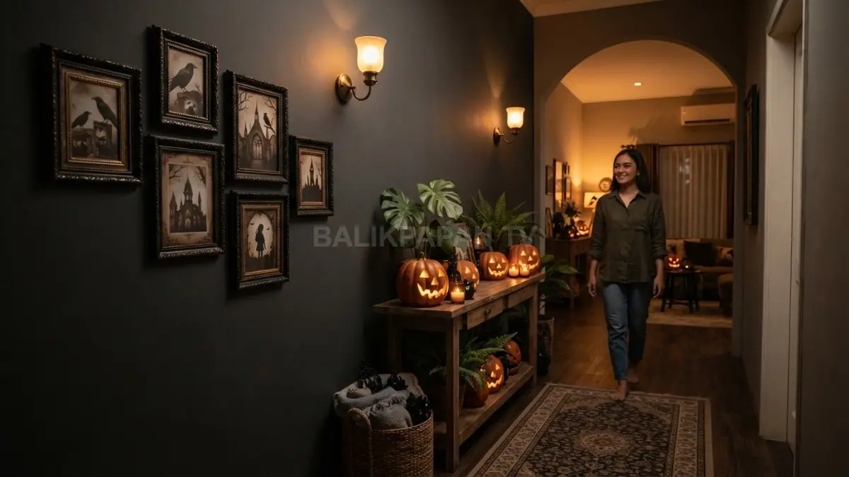 Koridor Halloween menghadirkan bingkai vintage, pencahayaan hangat, dan karpet klasik untuk menciptakan atmosfer misterius. (BTV/AI)