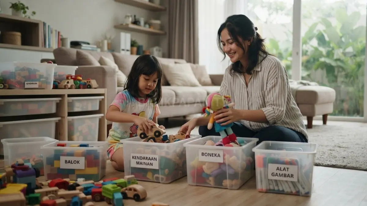 Kotak storage membantu mengelompokkan mainan berdasarkan jenis agar kamar anak lebih rapi, teratur, dan mudah dibereskan. (BTV/AI)