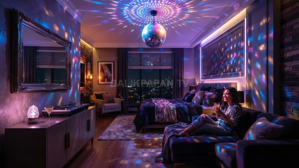 Lampu disko dan LED warna-warni menghadirkan kamar tidur bergaya pesta mewah dengan suasana dinamis dan elegan. (BTV/AI)