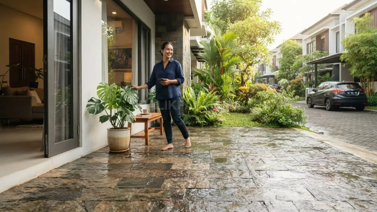 Lantai motif batu alam menghadirkan karakter natural, hangat, dan aman untuk teras rumah modern (BTV/AI).