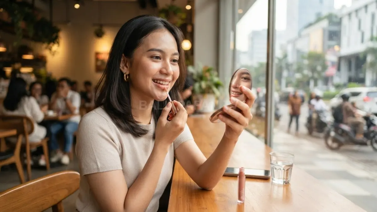 Lip tint nude peach memberi kesan fresh, natural, ringan, dan cocok untuk makeup harian yang effortless. (BTV/AI)
