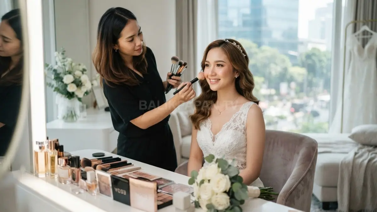 Makeup wedding 2026 menghadirkan tampilan glowing, elegan, natural, dan personal untuk momen pernikahan istimewa (BTV/AI).
