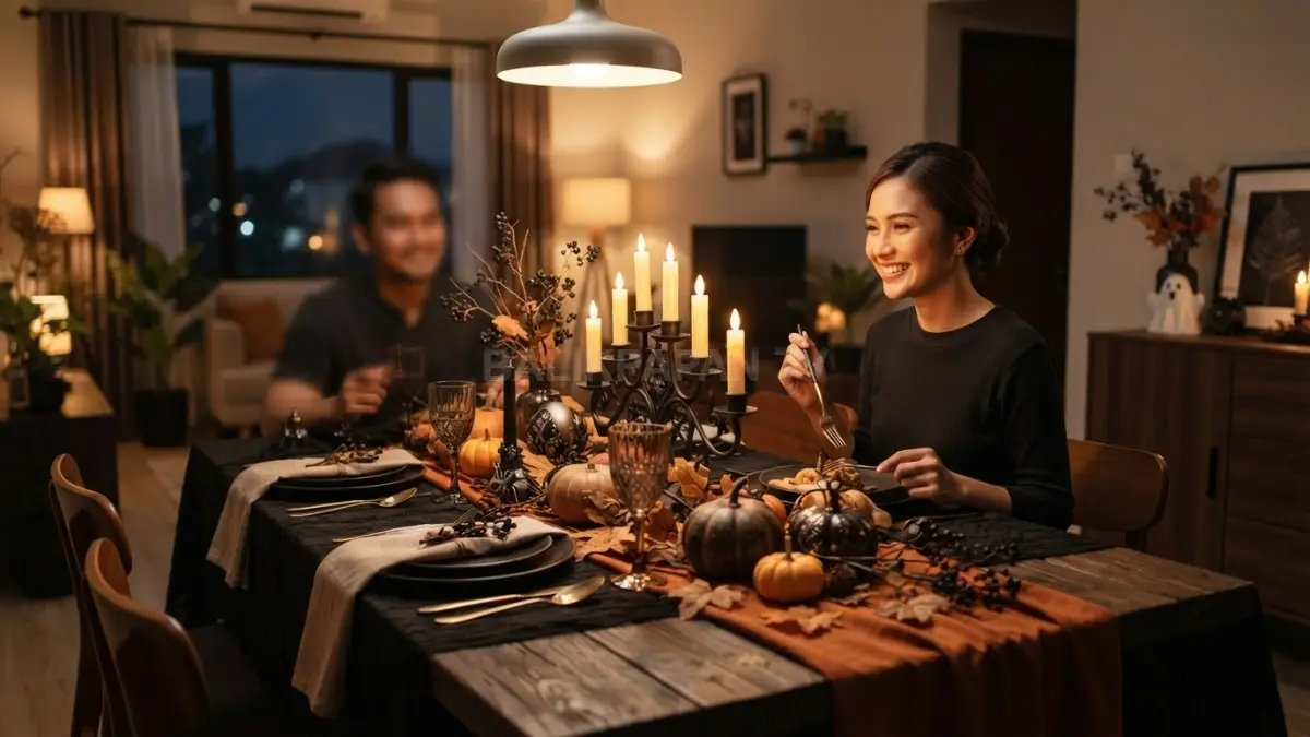 Meja makan Halloween elegan memadukan taplak gelap, lilin elektrik, labu kecil, vas bunga, dan ornamen klasik. (BTV/AI)