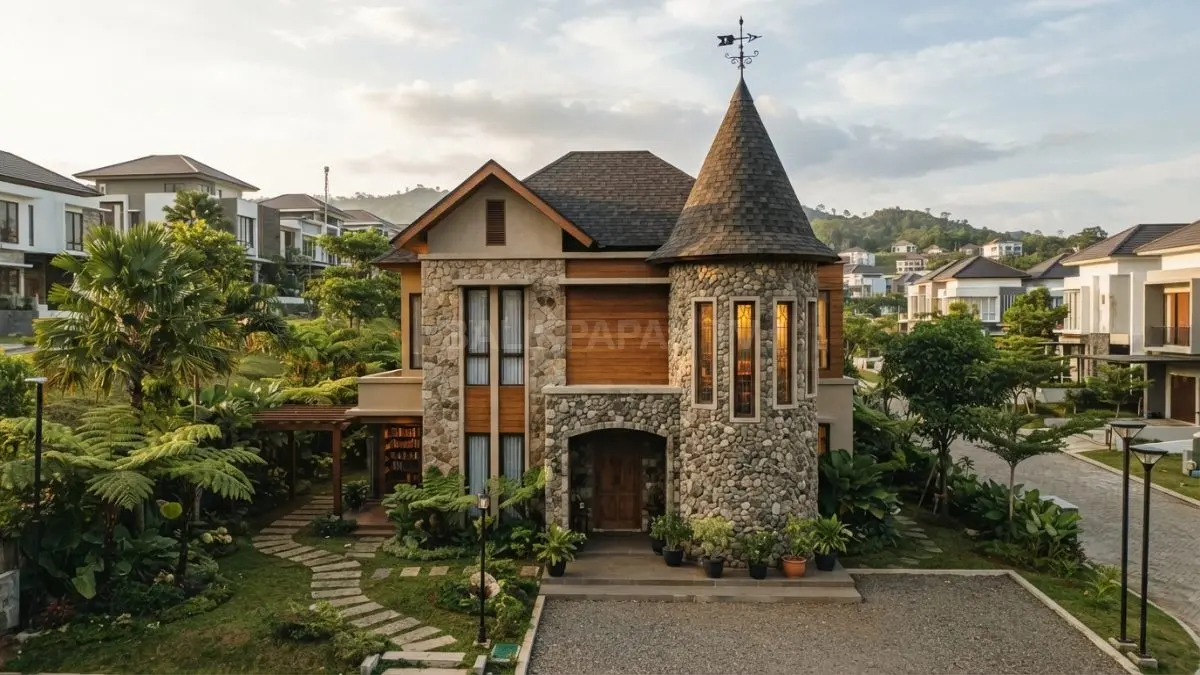 Menara kecil menjadi focal point rumah bertema Harry Potter dengan atap kerucut dan jendela vertikal klasik. (BTV/AI)