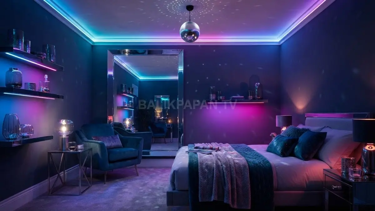 Mirror Party Room memadukan cermin besar, lampu RGB, bola disko, dan furnitur mengilap untuk atmosfer pesta mewah. (BTV/AI)