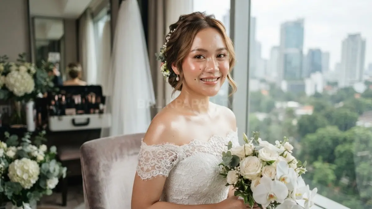 Natural glowing bridal makeup menonjolkan kulit sehat, segar, bercahaya, dan tetap personal untuk hari pernikahan (BTV/AI).
