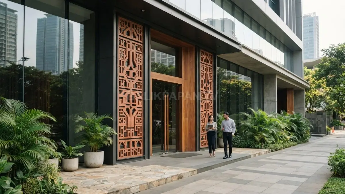 Ornamen tradisional disederhanakan menjadi aksen geometris modern pada fasad, pintu, pagar, dan interior rumah. (BTV/AI)