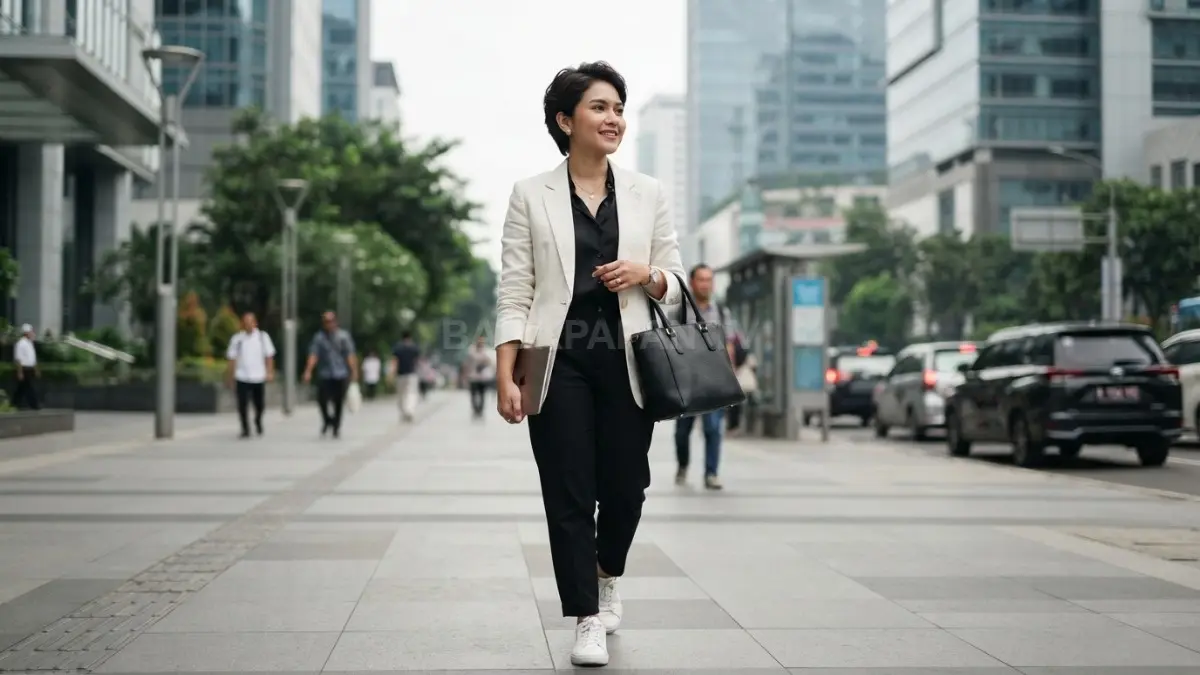 Outfit monokrom dengan aksesori minimalis menciptakan gaya simpel, rapi, elegan, dan tetap stylish untuk hangout (BTV/AI).
.
