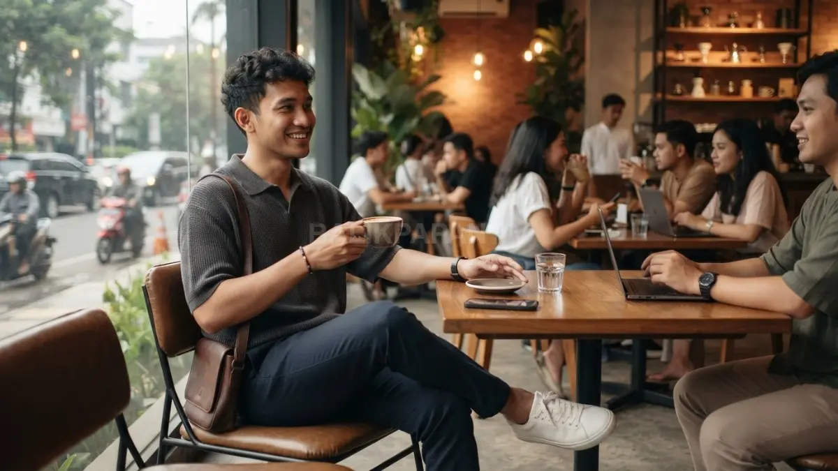 Outfit nyaman membuat aktivitas ngopi lebih leluasa sekaligus tetap stylish dan mencerminkan karakter pribadi secara natural (BTV/AI).
