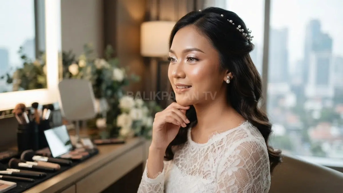 Pearlescent eyes dengan shimmer lembut menciptakan tatapan pengantin bercahaya, modern, elegan, dan tetap natural di kamera (BTV/AI).
