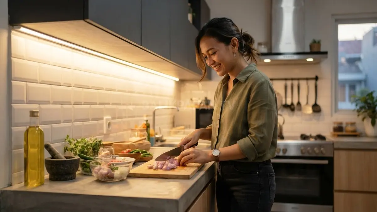 Pencahayaan bawah kabinet membantu menerangi meja dapur agar aktivitas memasak lebih nyaman dan praktis (BTV/AI). 