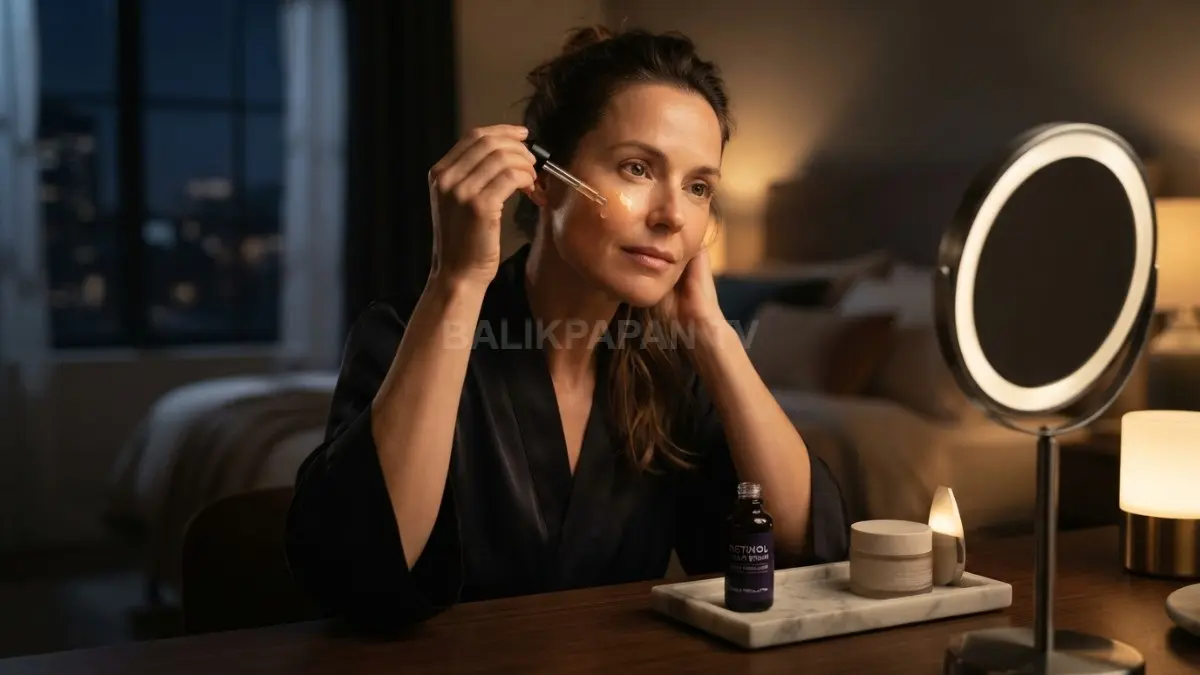 Penggunaan serum retinol pada malam hari efektif membantu merawat kehalusan serta pembaruan kulit wajah. (BTV/Ai)