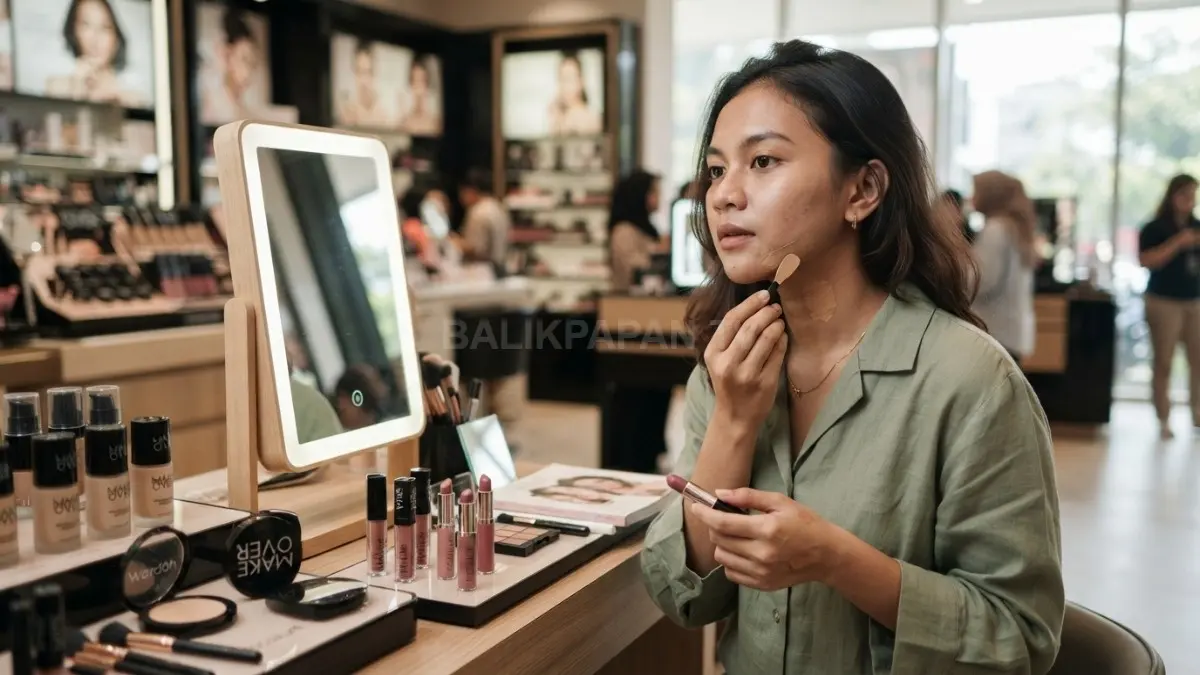 perempuan memilih bedak dan lipstik sesuai warna kulit serta undertone untuk menciptakan tampilan makeup natural dan menyatu. (BTV/AI)