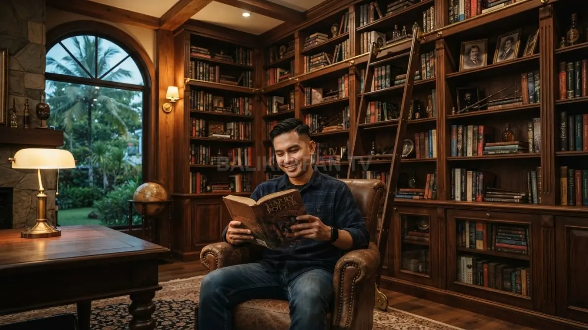 Perpustakaan bertema Harry Potter menghadirkan rak kayu tinggi, tangga, meja baca, dan pencahayaan hangat klasik. (BTV/AI)