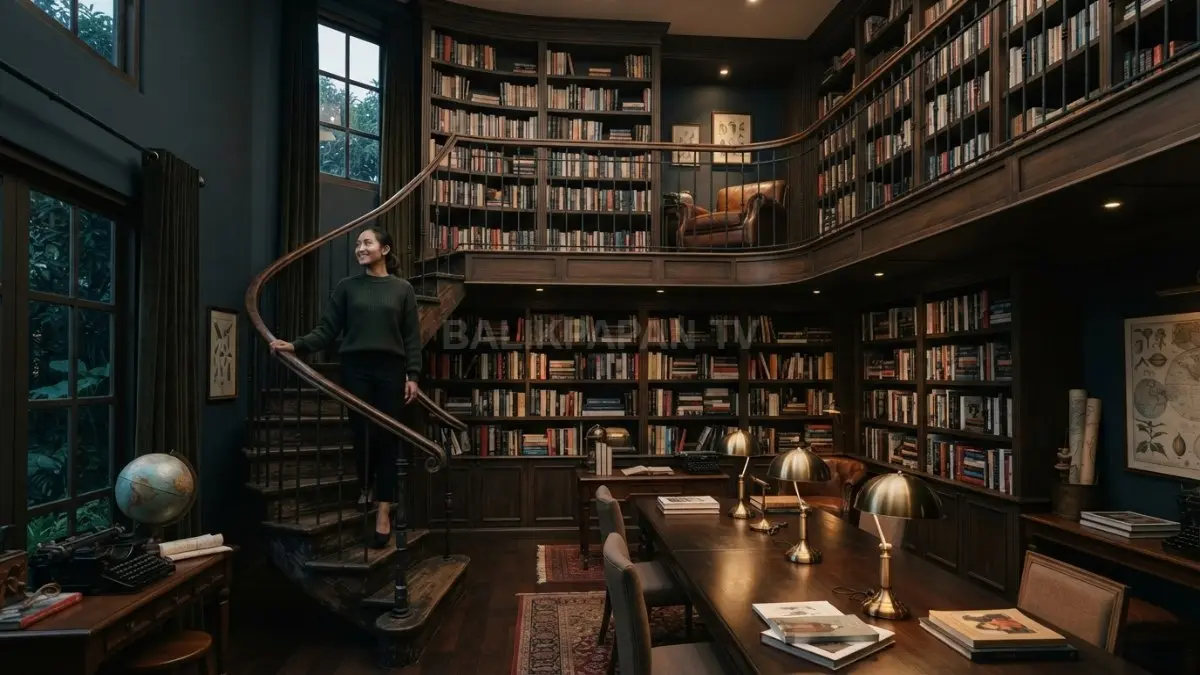 Perpustakaan dua lantai menghadirkan atmosfer sekolah malam melalui rak tinggi, tangga kayu, meja klasik, dan lampu hangat. (BTV/AI)