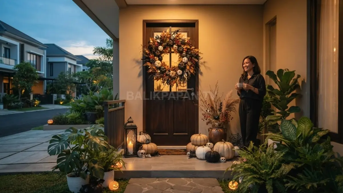 Pintu masuk rumah bertema Halloween dihiasi labu dekoratif, karangan bunga kering, lentera, dan tanaman rambat elegan. (BTV/AI)
