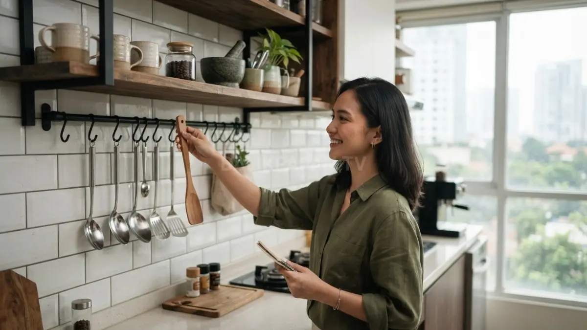 Rak dinding membantu menyimpan peralatan dapur yang sering digunakan tetap mudah dijangkau dan rapi setiap hari (BTV/AI)