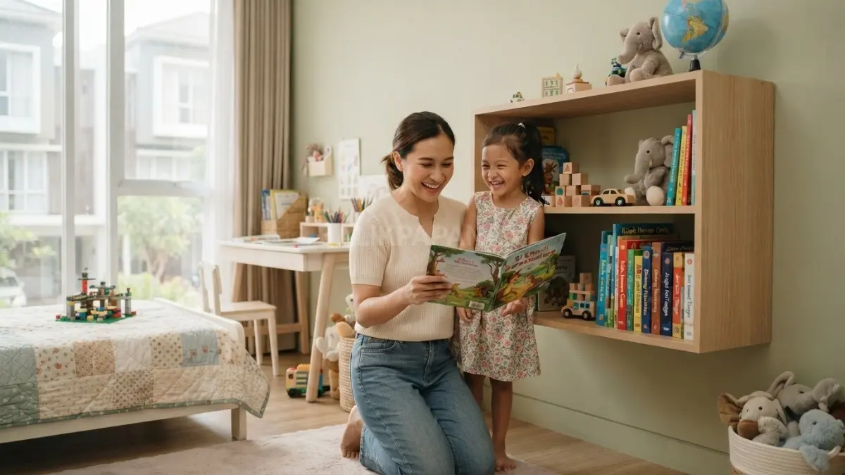 Rak terbuka membantu anak menyimpan buku, mainan edukatif, dan koleksi favorit agar kamar tetap rapi, mudah dijangkau, serta menarik. (BTV/AI)