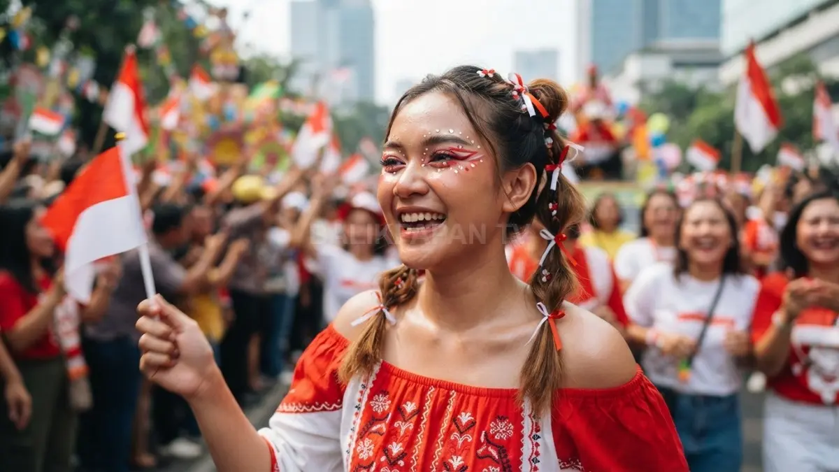 Riasan merah putih penuh warna membuat penampilan karnaval lebih kreatif, ekspresif, dan tetap nyaman sepanjang acara. (BTV/AI)