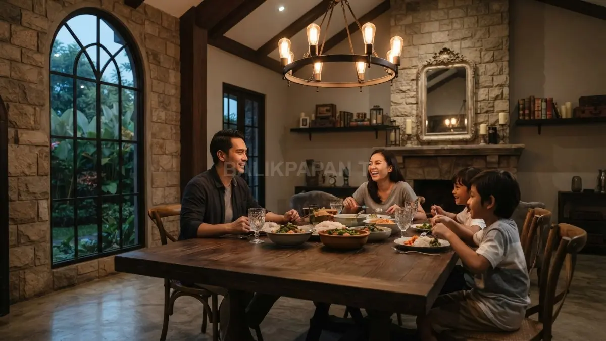 Ruang makan bergaya Great Hall memadukan meja kayu panjang, kursi klasik, plafon tinggi, dan lampu gantung. (BTV/AI)