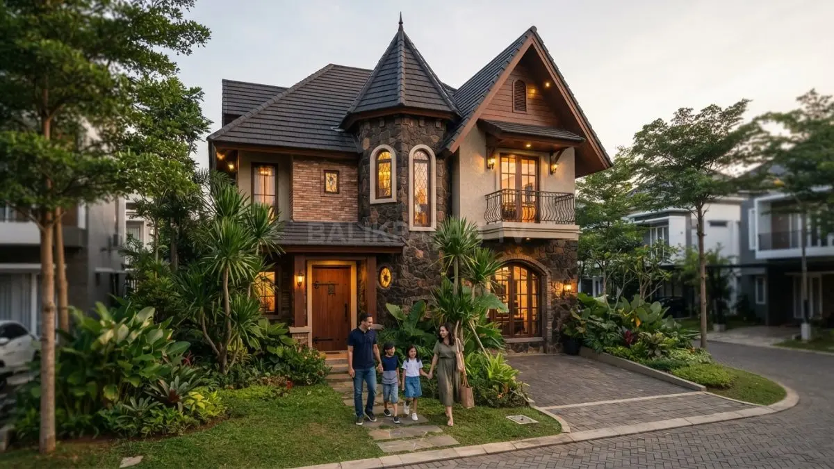 Rumah bertema Harry Potter memadukan fasad batu, atap curam, jendela tinggi, dan atmosfer klasik. (BTV/AI)