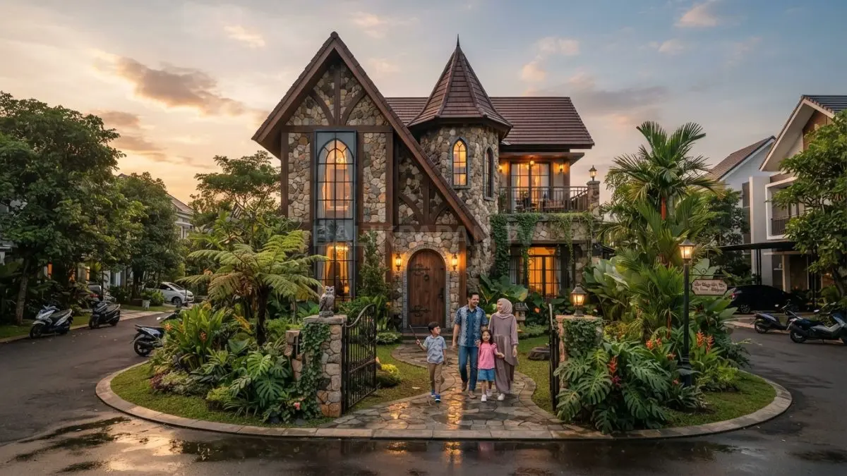 Rumah bertema Harry Potter memadukan fasad batu, jendela tinggi, kayu, dan pencahayaan hangat bernuansa kastel. (BTV/AI)