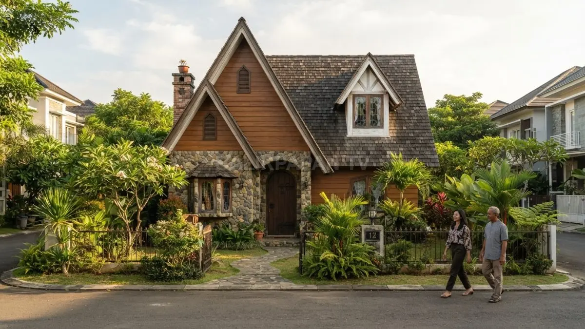Rumah cottage fairy tales dengan atap curam dan dormer menghadirkan karakter storybook yang menawan. (BTV/AI)