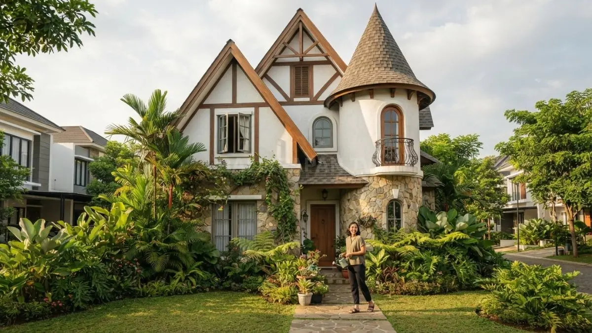 Rumah fairy tales dengan menara kecil menghadirkan siluet unik, jendela melengkung, dan karakter storybook menawan. (BTV/AI)