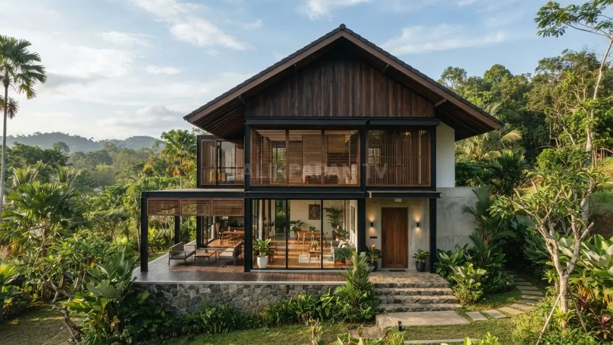 Rumah modern memadukan atap dan material bernuansa lokal, menciptakan hunian berkarakter, nyaman, fungsional, relevan. (BTV/AI)