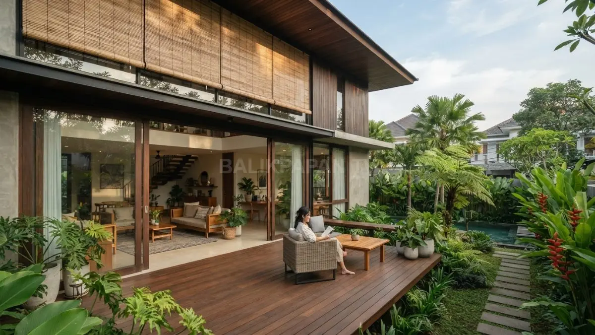 Rumah tropis dengan kayu, bukaan besar, dan tanaman menciptakan hunian modern yang hangat serta nyaman (BTV/AI)
