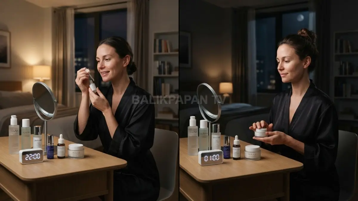 Rutinitas skincare malam yang konsisten membantu menjaga kesehatan kulit dan mengoptimalkan ritme sirkadian. (BTV/Ai)