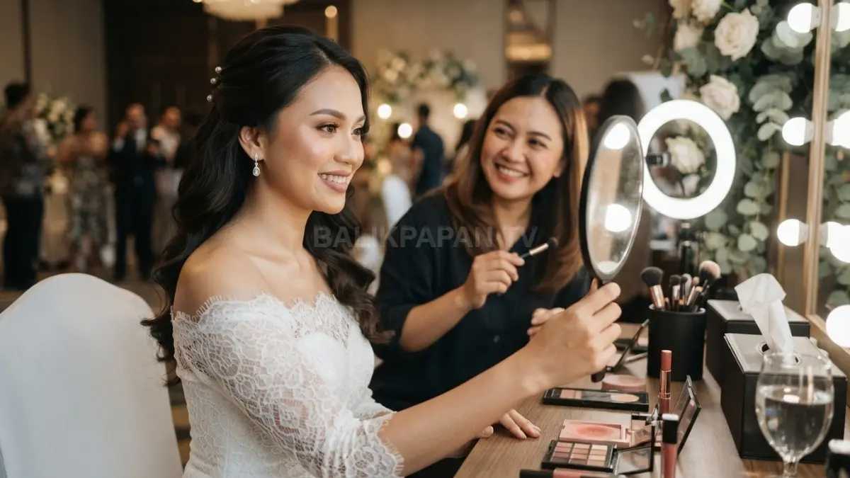 Soft glam pengantin menghadirkan mata berdimensi, blending lembut, dan tampilan elegan yang tetap natural, memukau (BTV/AI).
