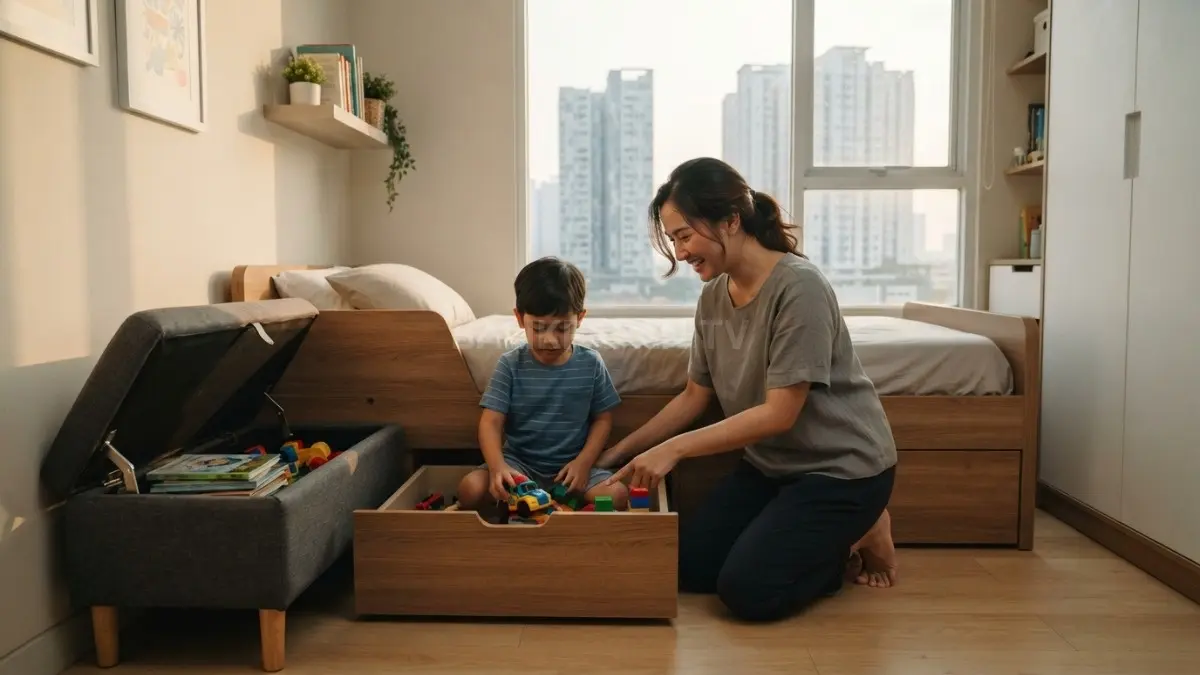 Storage multifungsi membantu menghemat ruang kamar anak dengan furnitur praktis, aman, dan sesuai kebutuhan. (BTV/AI)