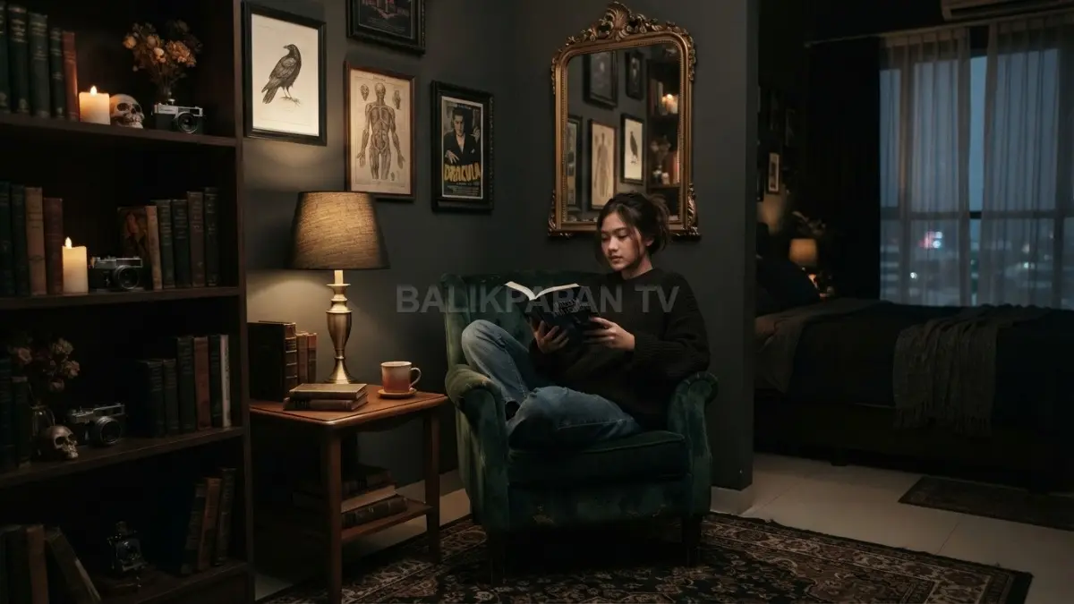 Sudut baca kamar bernuansa misterius menghadirkan kursi nyaman, rak buku, lampu baca, dan dekorasi klasik. (BTV/AI)