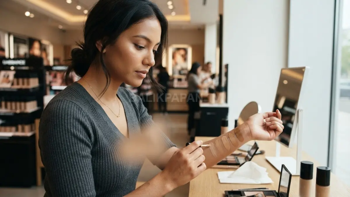 Swatch warna membantu memastikan shade makeup sesuai kulit dan natural dalam berbagai pencahayaan sebelum membeli. (BTV/AI)