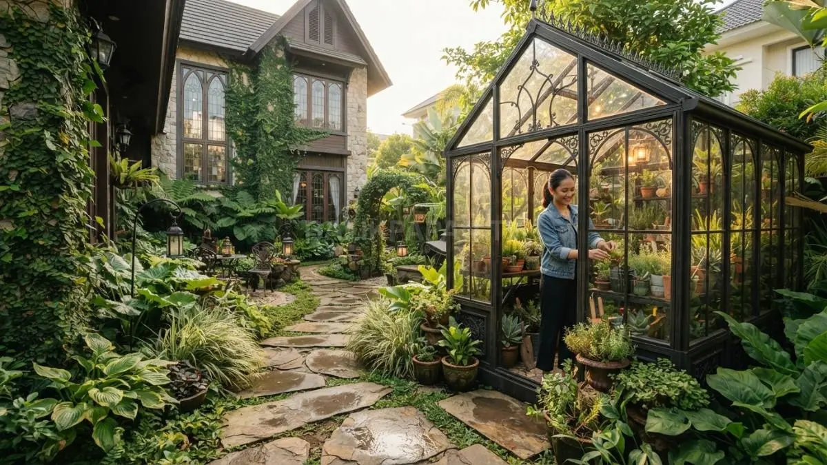 Taman bertema Harry Potter menghadirkan jalur batu, rumah kaca, tanaman hijau, dan suasana magis klasik memukau. (BTV/AI)