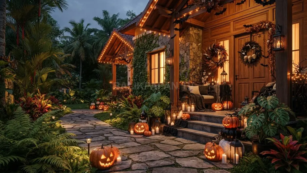 Taman Halloween menghadirkan labu dekoratif, lentera, tanaman rambat, dan ornamen gothic dengan pencahayaan dramatis memukau. (BTV/AI)