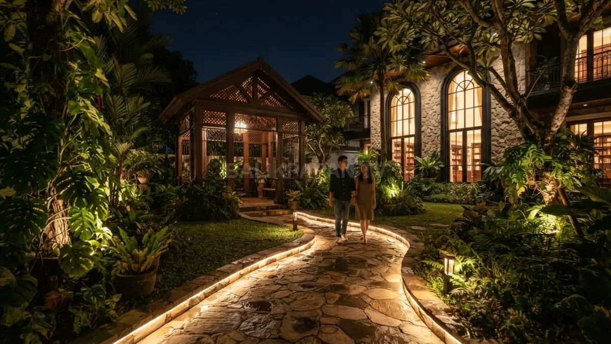 Taman malam bergaya akademi tua menghadirkan jalur batu, gazebo, pepohonan dan pencahayaan hangat yang elegan. (BTV/AI)