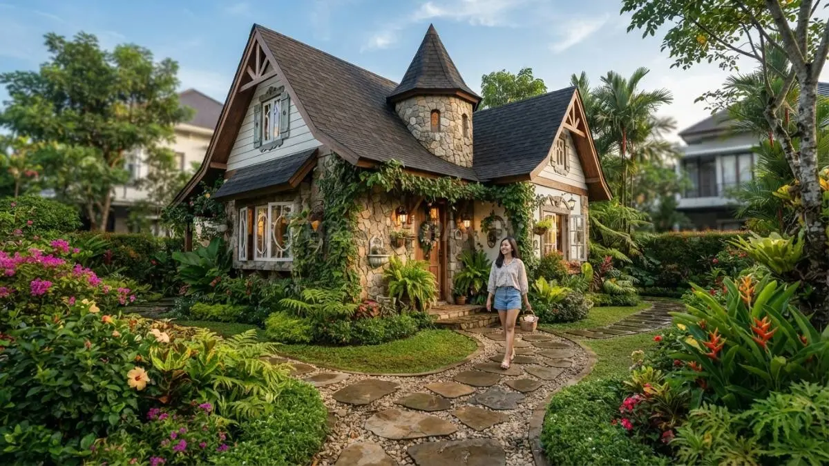 Taman rumah fairy tales menghadirkan jalur batu berkelok, tanaman berbunga, semak, serta tanaman rambat. (BTV/AI)