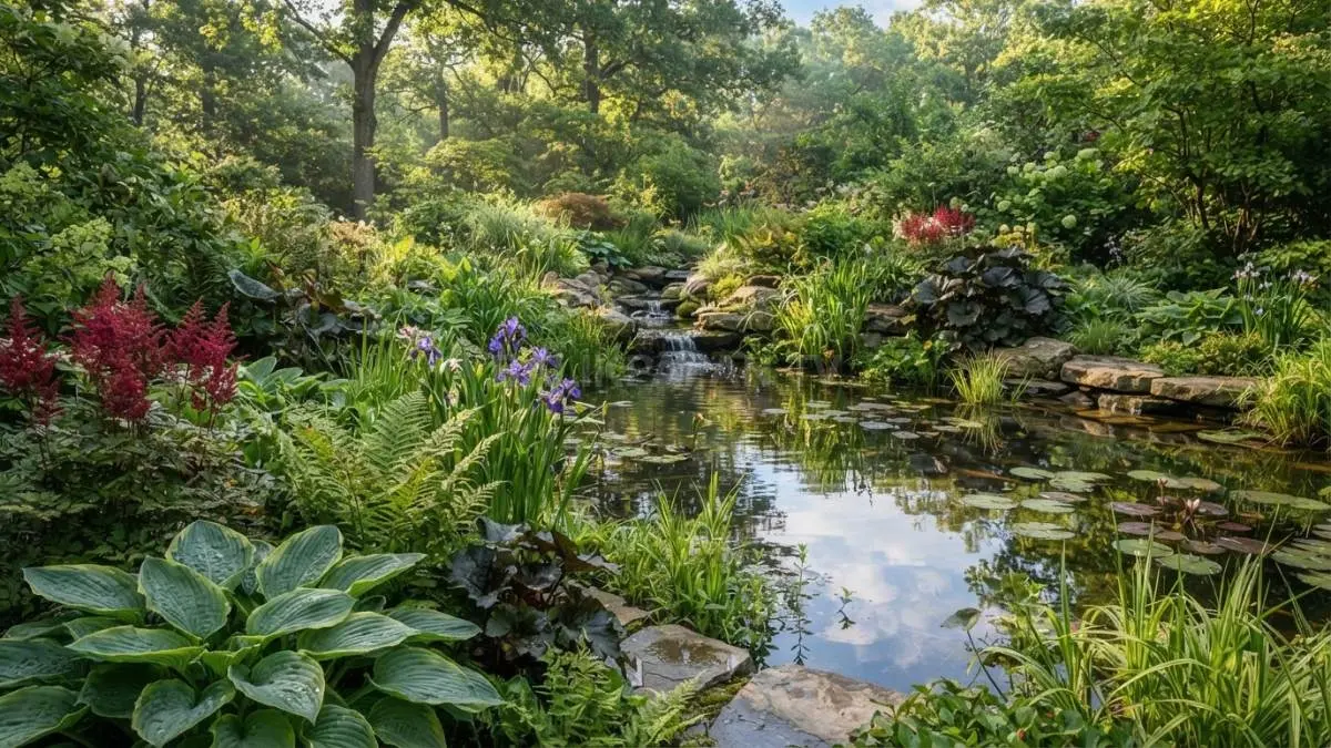 Tanaman lembap di sekitar kolam melembutkan batas air, memperindah taman, menaungi permukaan, dan mendukung habitat satwa. (BTV/AI)